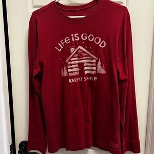 Life Is Good Long-Sleeve Red Graphic Tee with Cabin Logo